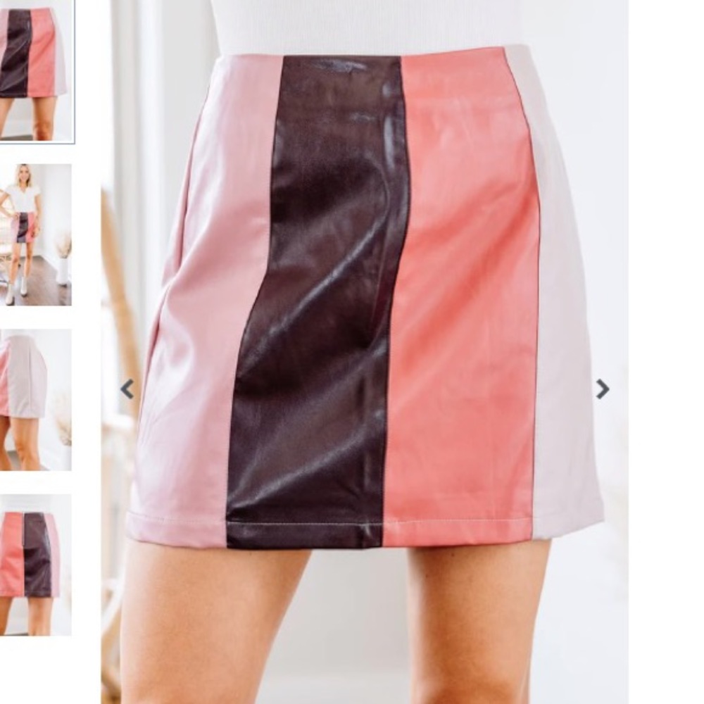 Pink Color Block Faux Leather Skirt